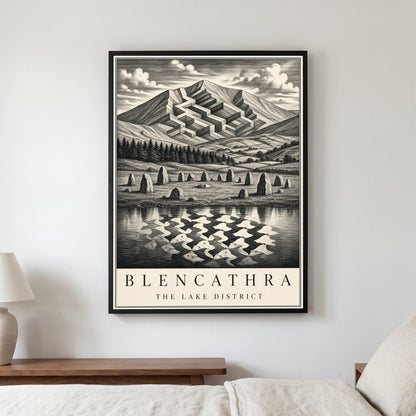 Blencathra travel poster in a black frame, hanging in a bedroom3
