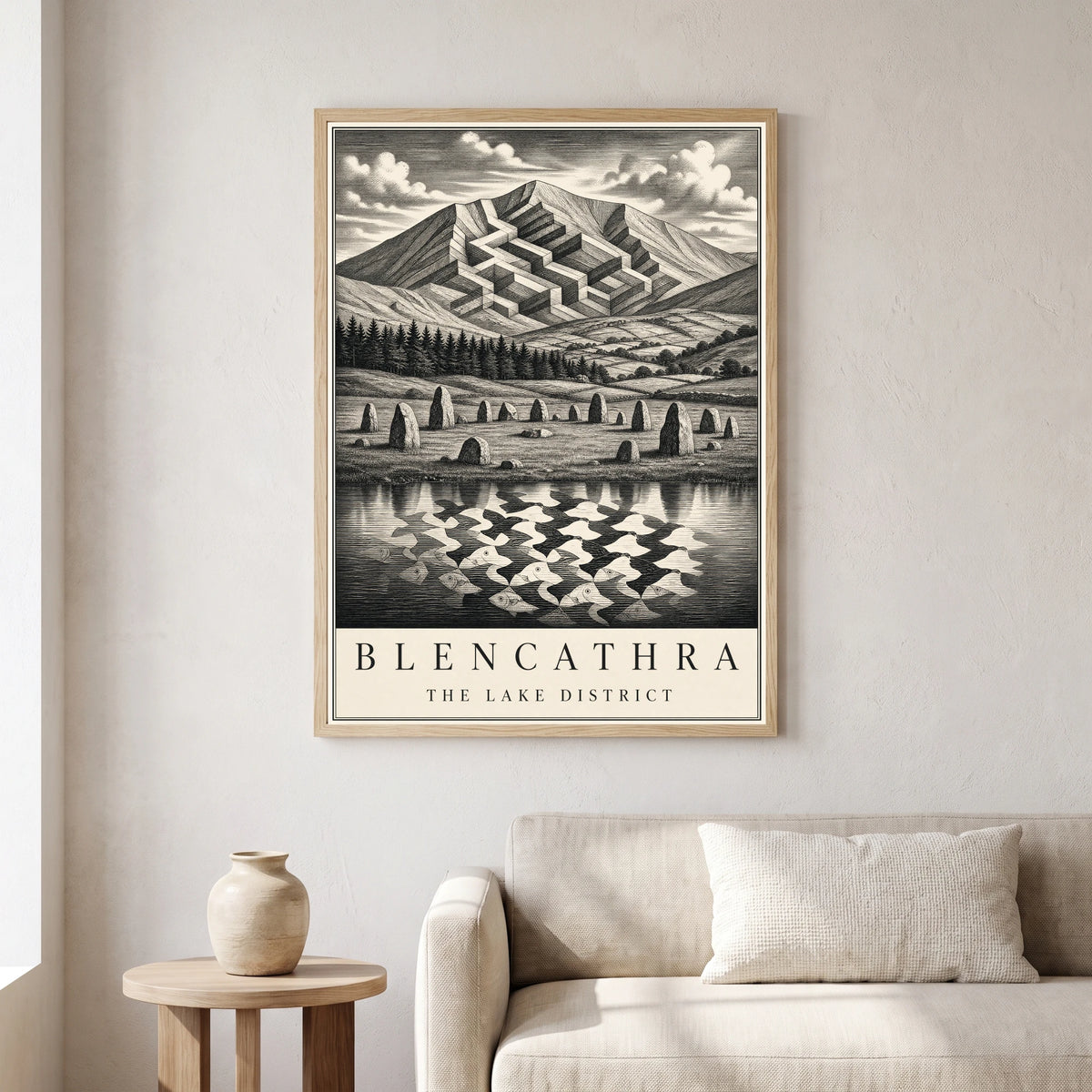 Blencathra travel poster in a natural frame, hanging in a living