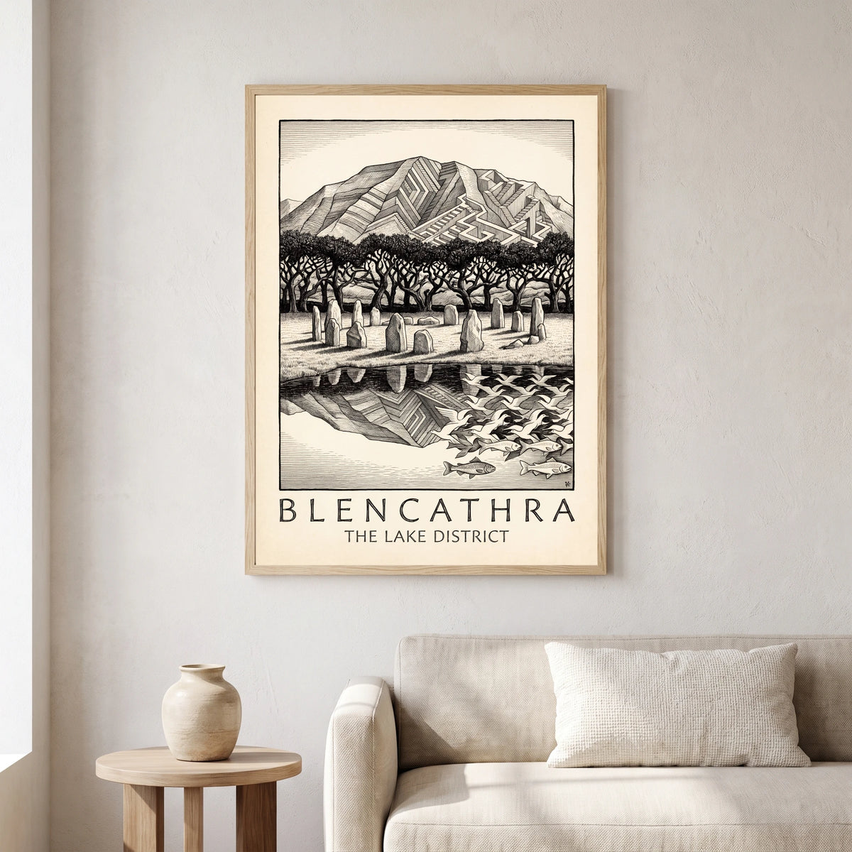 Blencathra travel poster in a natural frame, hanging in a living