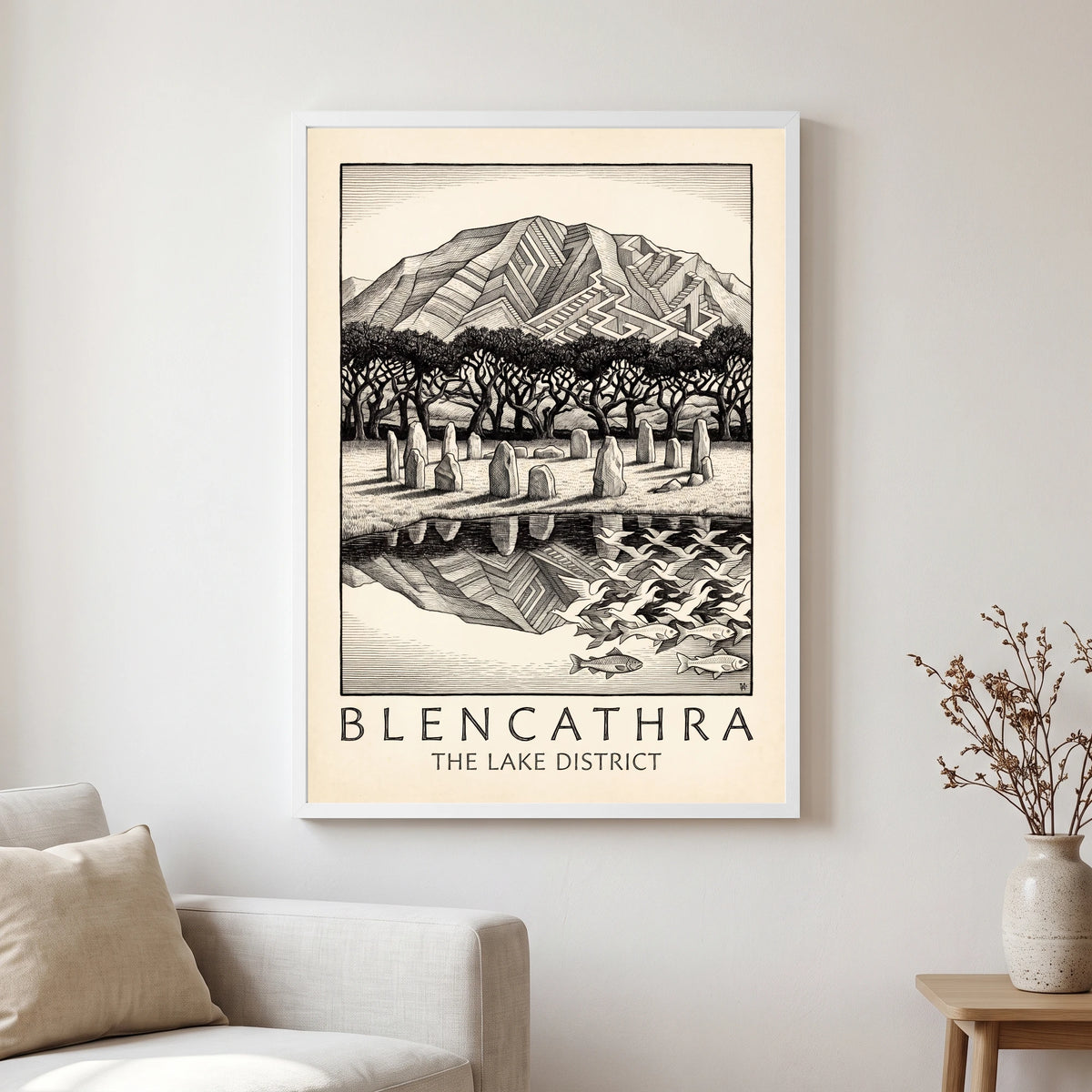 Blencathra travel poster in a white frame, hanging in a living2