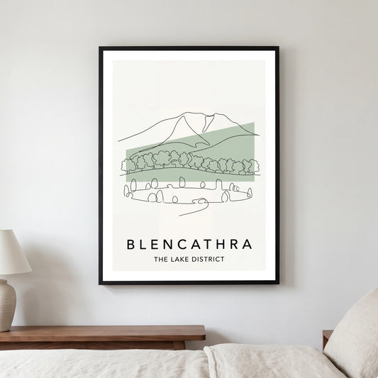Blencathra travel poster in a black frame, hanging in a bedroom3