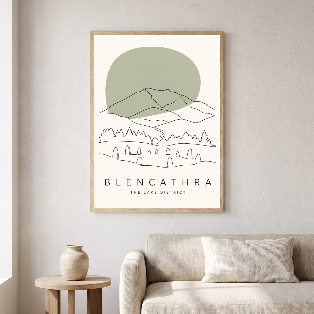 Blencathra travel poster in a natural frame, hanging in a living