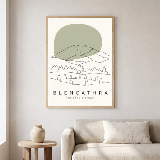 Blencathra travel poster in a natural frame, hanging in a living