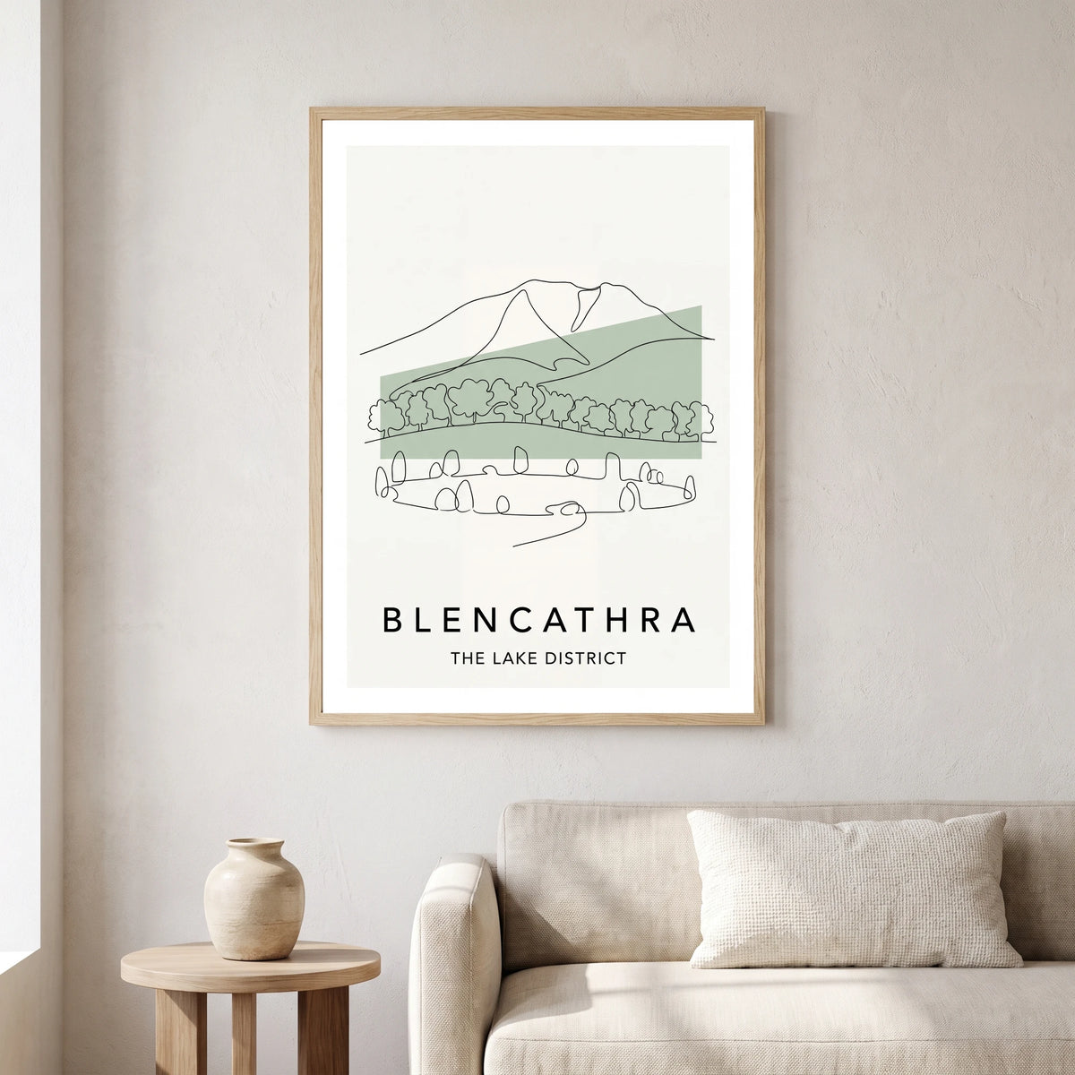 Blencathra travel poster in a natural frame, hanging in a living