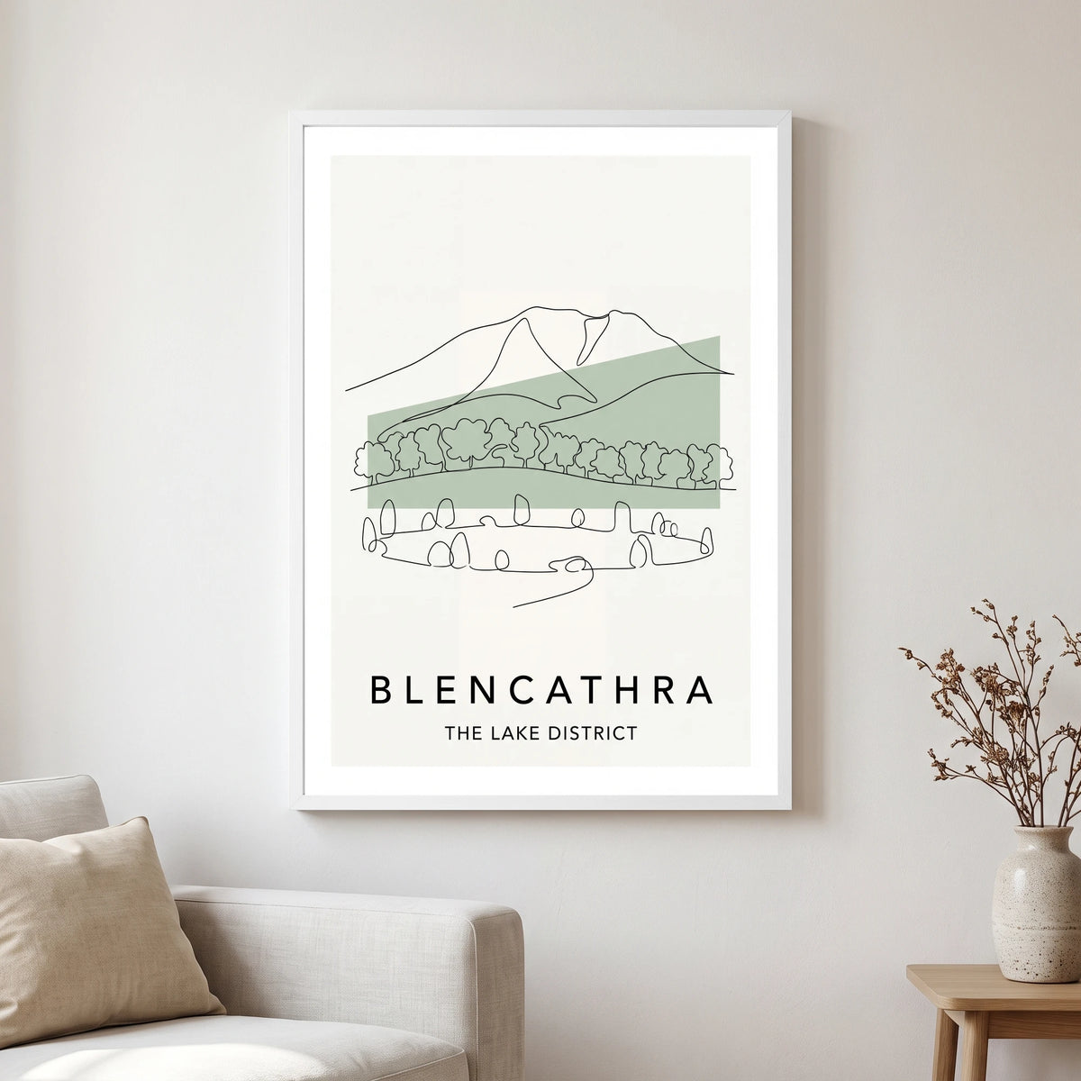 Blencathra travel poster in a white frame, hanging in a living2