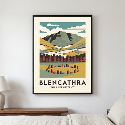 Blencathra travel poster in a black frame, hanging in a bedroom3
