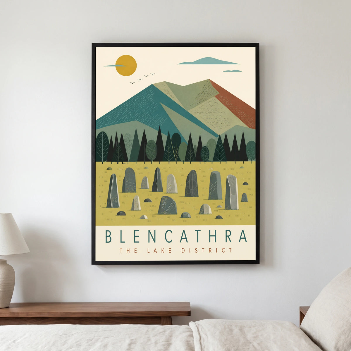 Blencathra travel poster in a black frame, hanging in a bedroom3