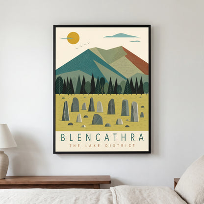 Blencathra travel poster in a black frame, hanging in a bedroom3
