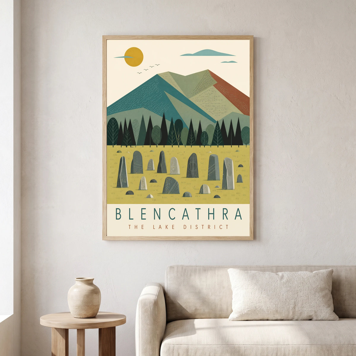 Blencathra travel poster in a natural frame, hanging in a living