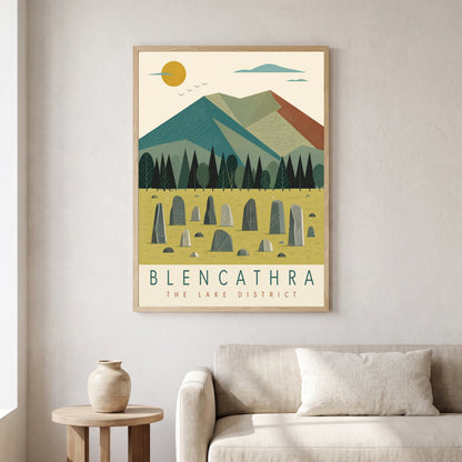 Blencathra travel poster in a natural frame, hanging in a living