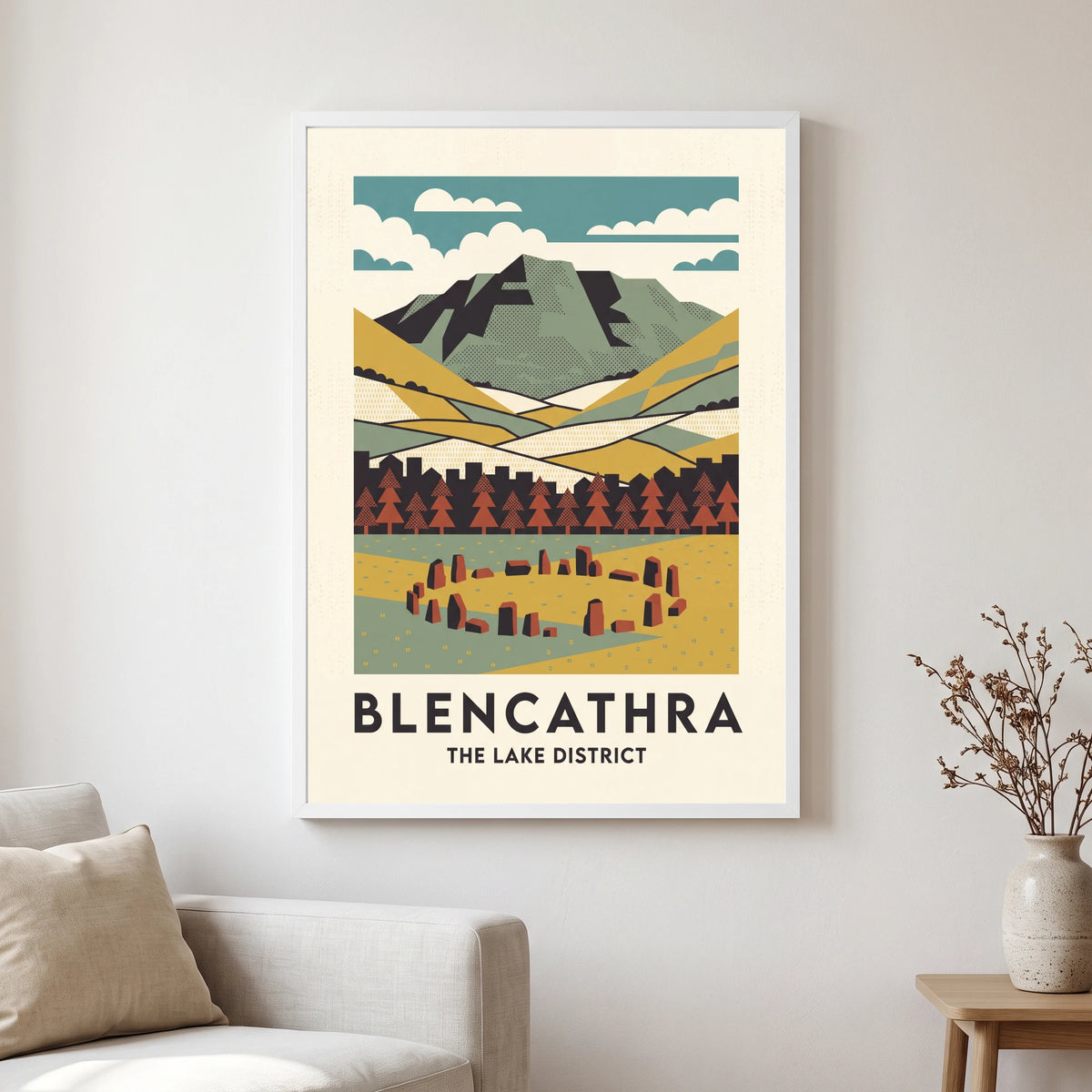 Blencathra travel poster in a white frame, hanging in a living2