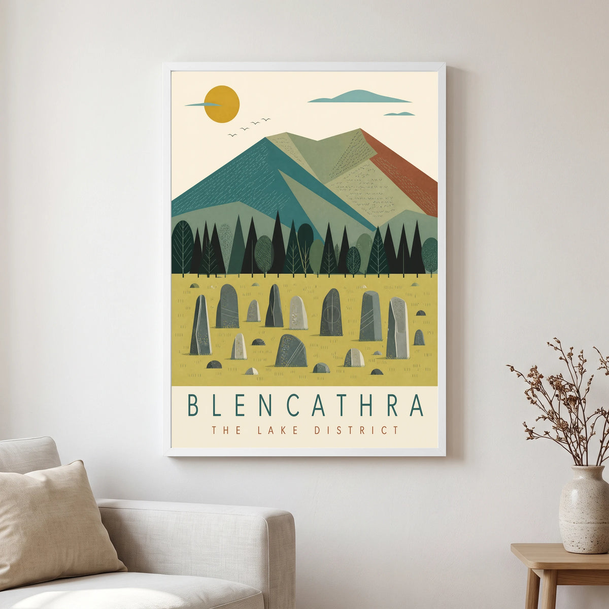 Blencathra travel poster in a white frame, hanging in a living2