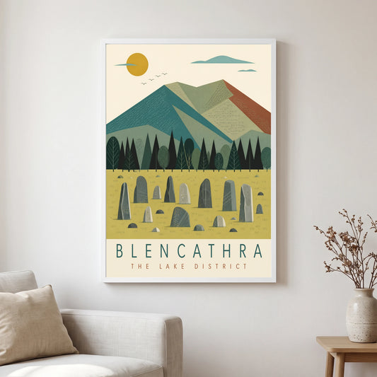 Blencathra travel poster in a white frame, hanging in a living2