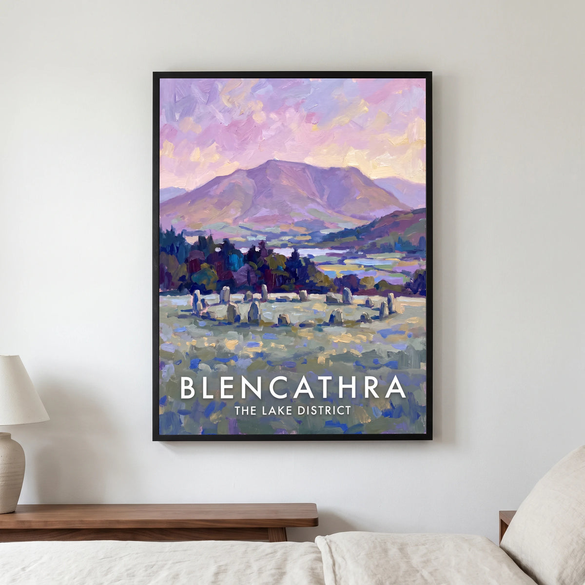 Blencathra travel poster in a black frame, hanging in a bedroom3