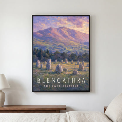 Blencathra travel poster in a black frame, hanging in a bedroom3