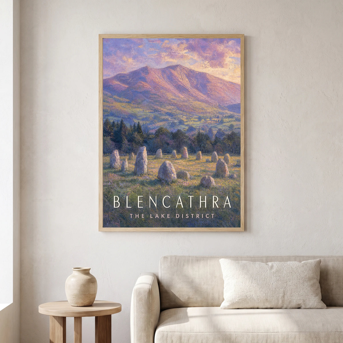 Blencathra travel poster in a natural frame, hanging in a living