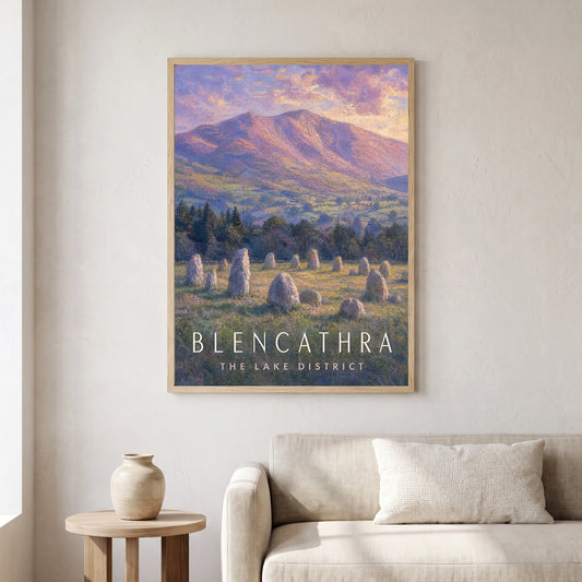 Blencathra travel poster in a natural frame, hanging in a living