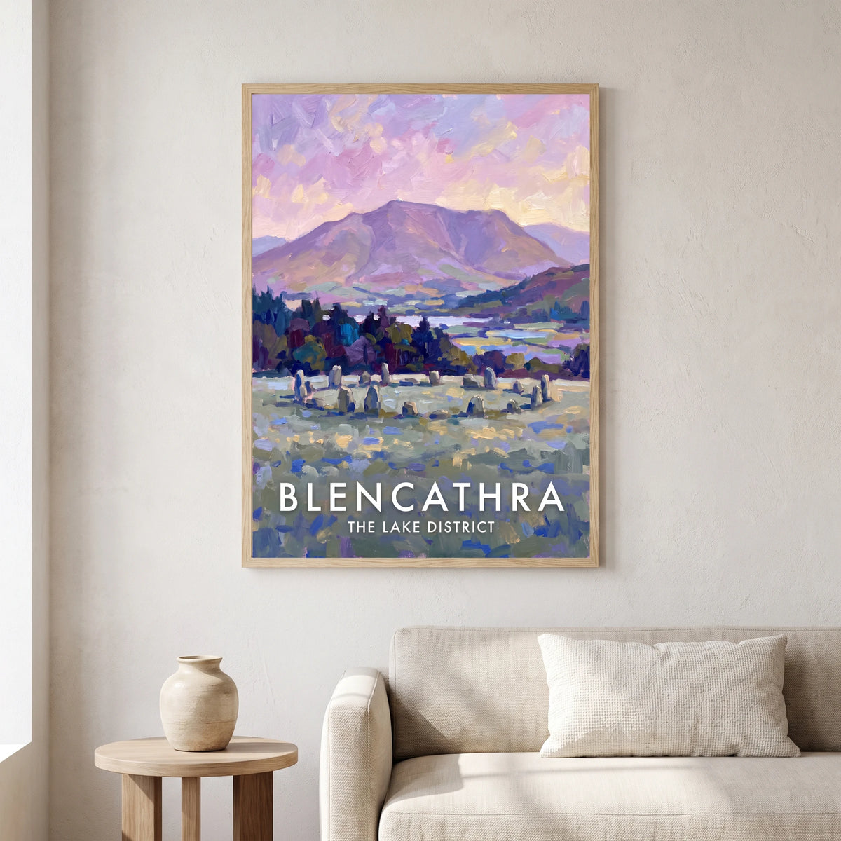 Blencathra travel poster in a natural frame, hanging in a living