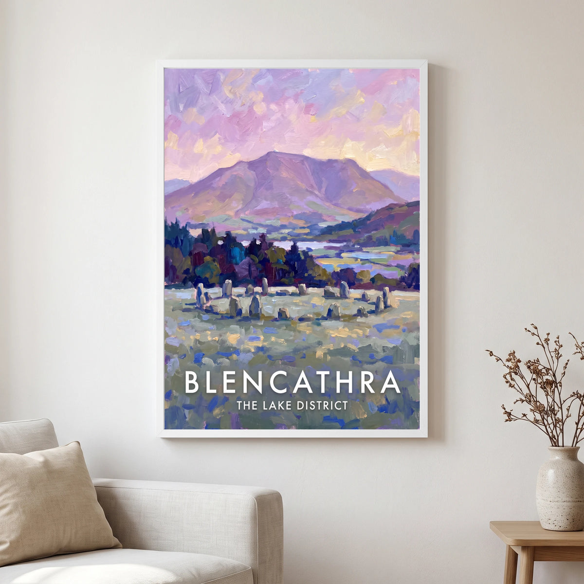 Blencathra travel poster in a white frame, hanging in a living2