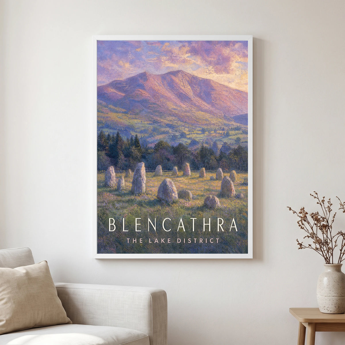 Blencathra travel poster in a white frame, hanging in a living2