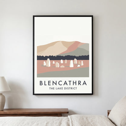 Blencathra travel poster in a black frame, hanging in a bedroom3
