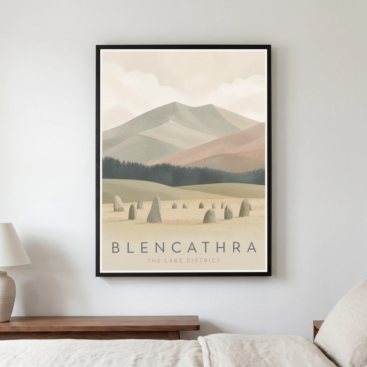 Blencathra travel poster in a black frame, hanging in a bedroom3