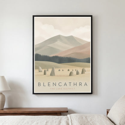 Blencathra travel poster in a black frame, hanging in a bedroom3