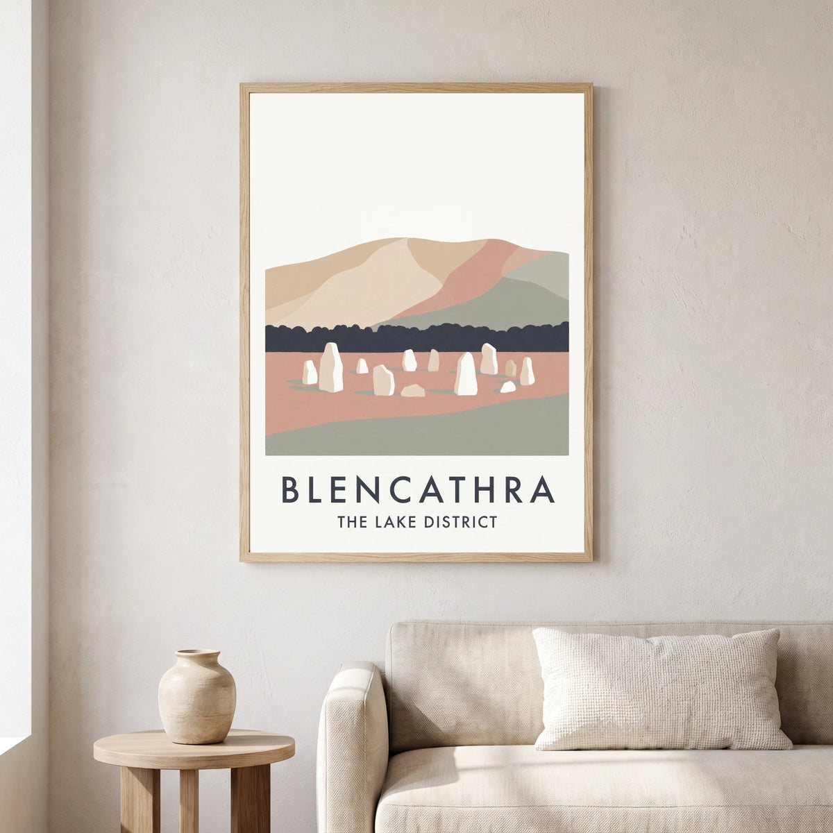 Blencathra travel poster in a natural frame, hanging in a living