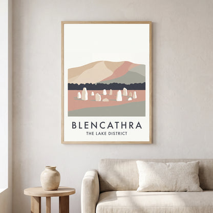 Blencathra travel poster in a natural frame, hanging in a living