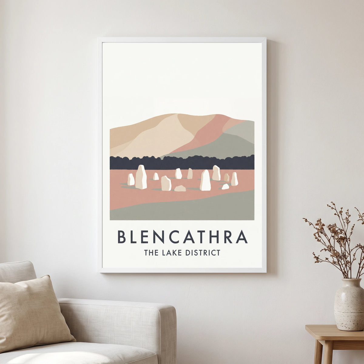 Blencathra travel poster in a white frame, hanging in a living2