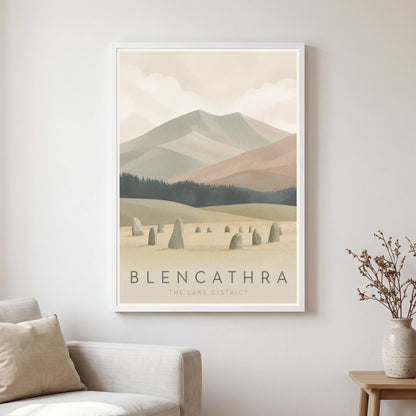 Blencathra travel poster in a white frame, hanging in a living2