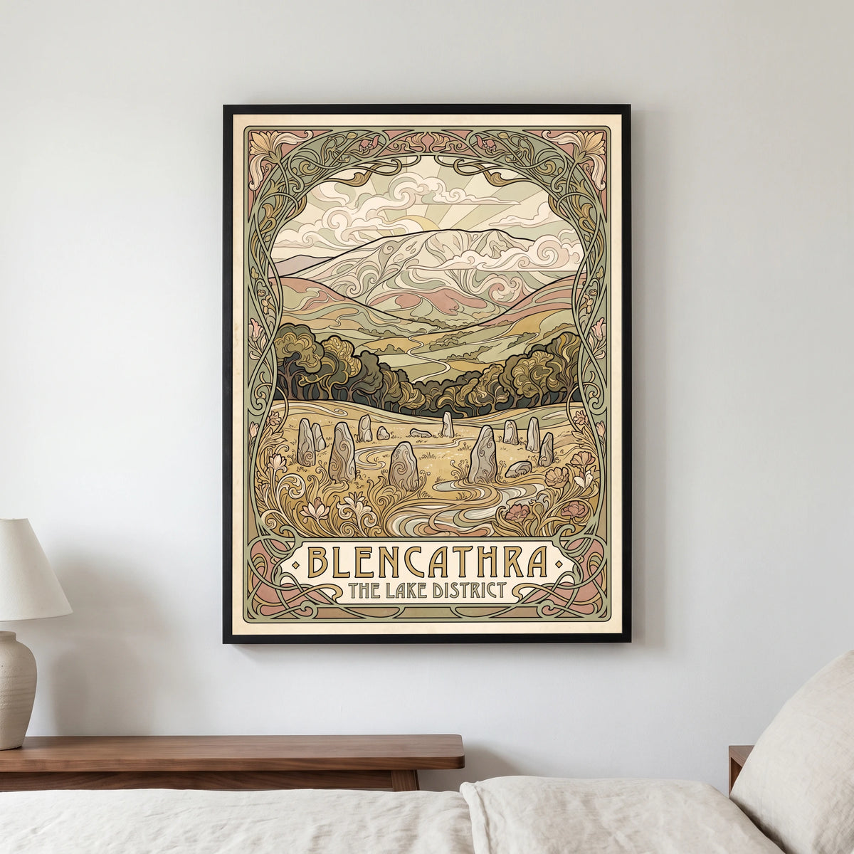 Blencathra travel poster in a black frame, hanging in a bedroom3