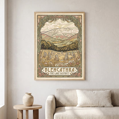 Blencathra travel poster in a natural frame, hanging in a living