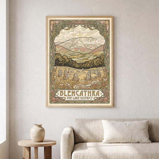 Blencathra travel poster in a natural frame, hanging in a living