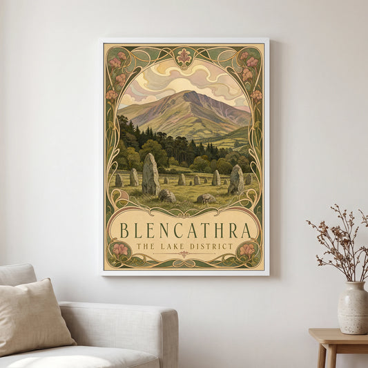 Blencathra travel poster in a white frame, hanging in a living2