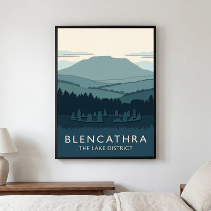 Blencathra travel poster in a black frame, hanging in a bedroom3