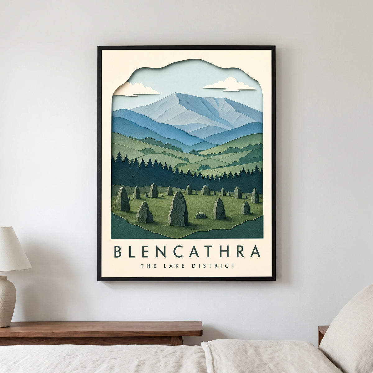 Blencathra travel poster in a black frame, hanging in a bedroom3