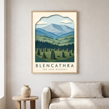 Blencathra travel poster in a natural frame, hanging in a living