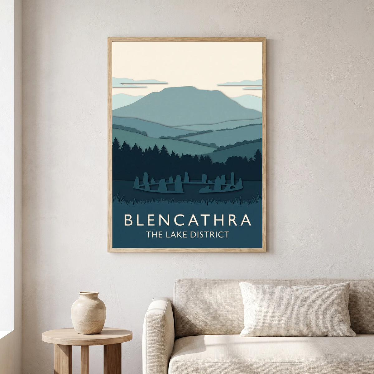 Blencathra travel poster in a natural frame, hanging in a living