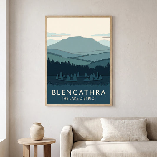 Blencathra travel poster in a natural frame, hanging in a living