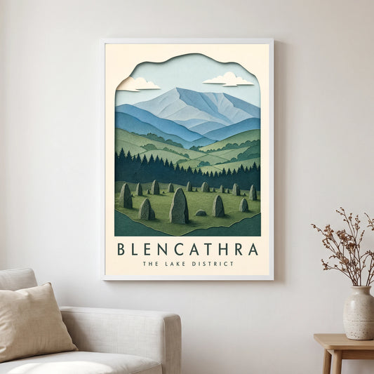 Blencathra travel poster in a white frame, hanging in a living2