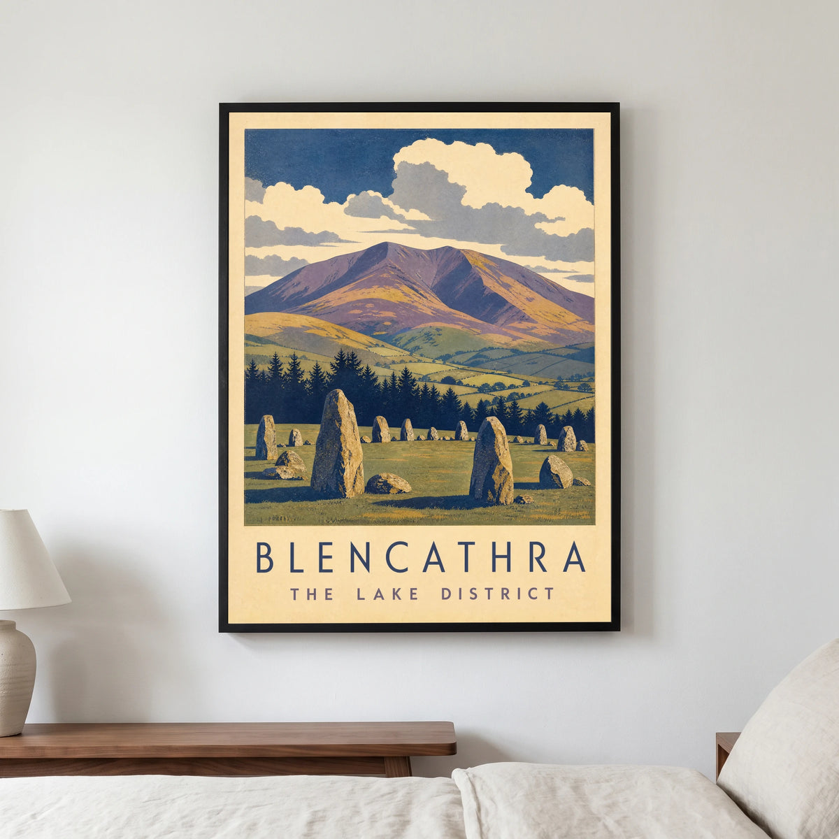 Blencathra travel poster in a black frame, hanging in a bedroom3