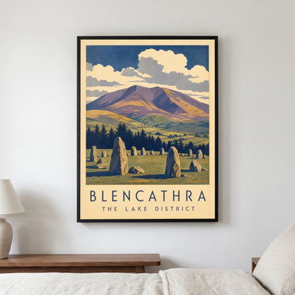 Blencathra travel poster in a black frame, hanging in a bedroom3