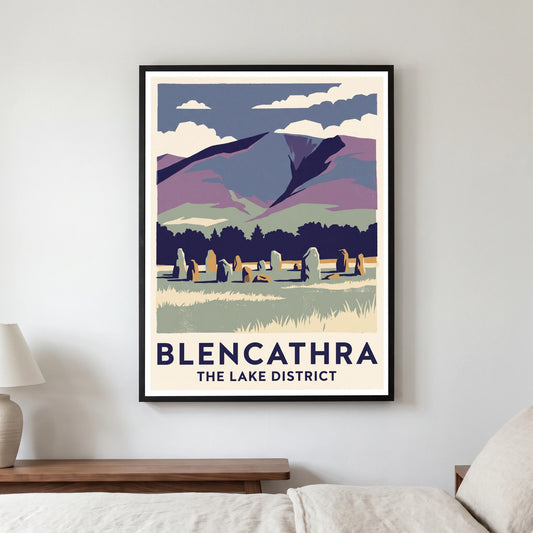 Blencathra travel poster in a black frame, hanging in a bedroom3