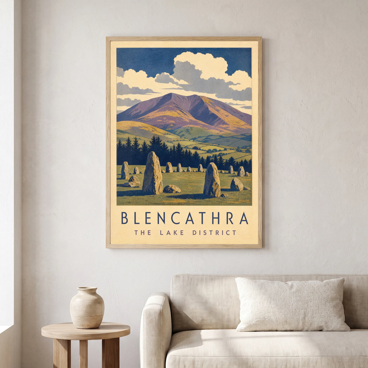 Blencathra travel poster in a natural frame, hanging in a living