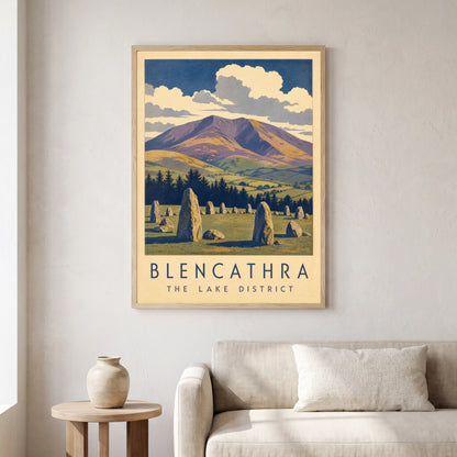 Blencathra travel poster in a natural frame, hanging in a living