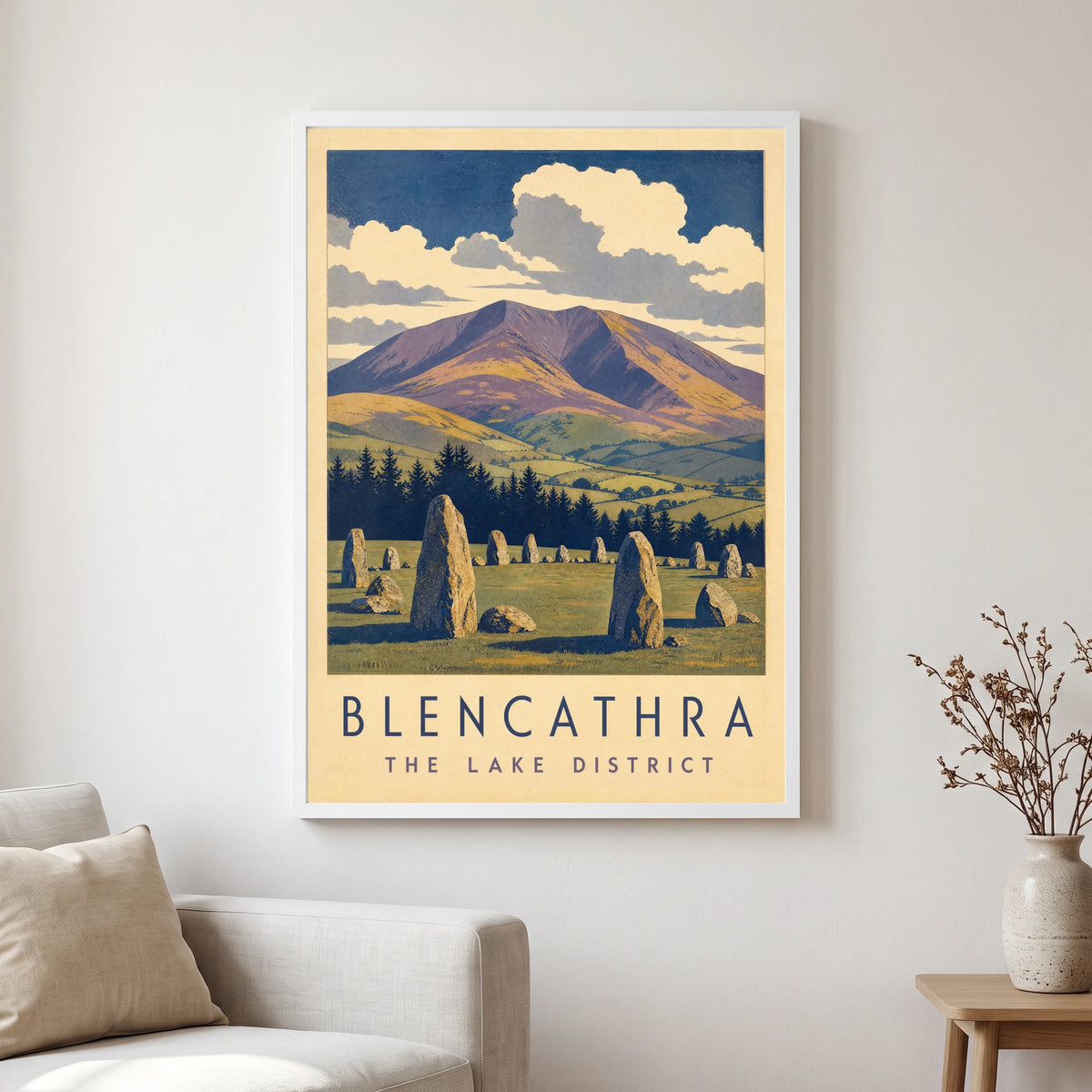 Blencathra travel poster in a white frame, hanging in a living2