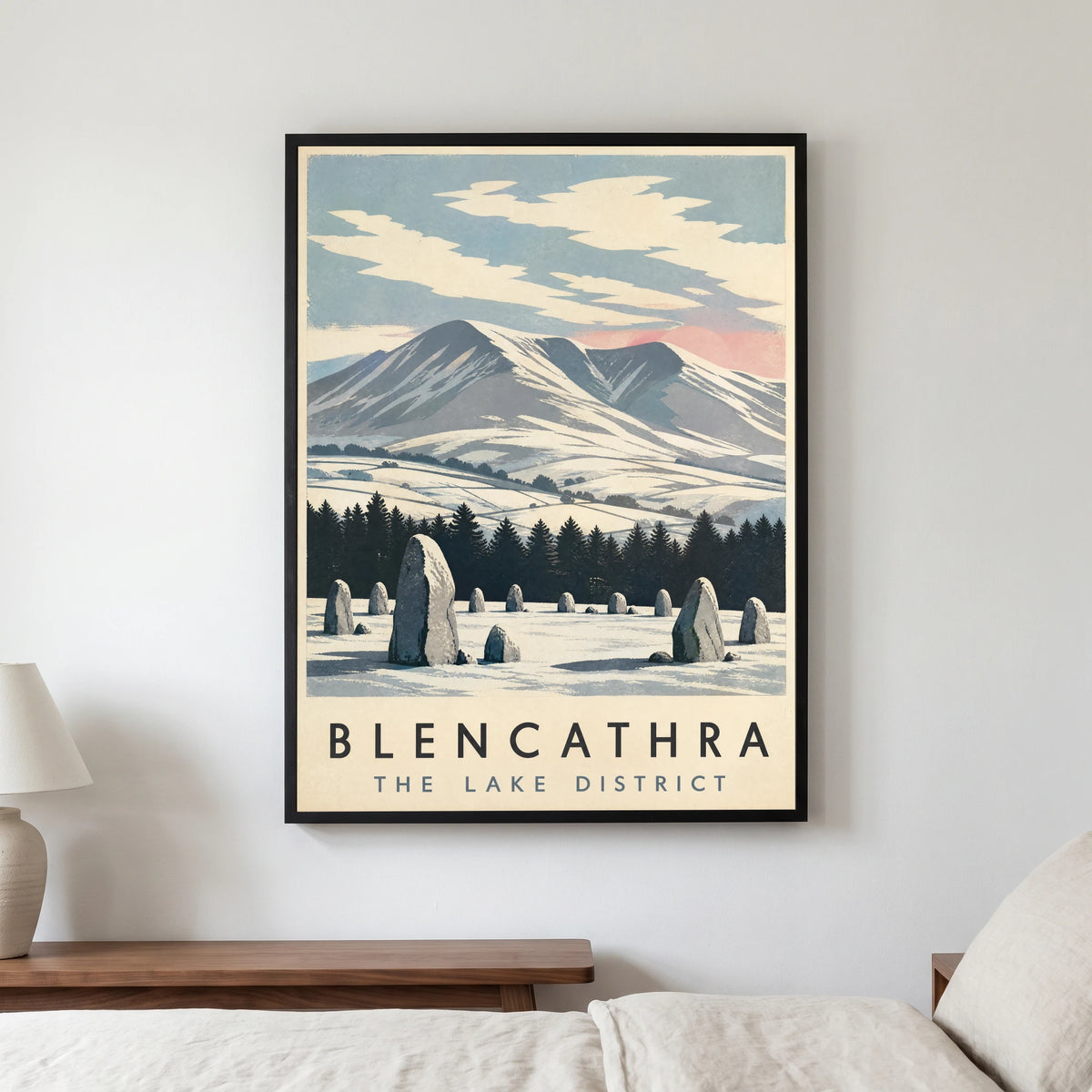 Blencathra travel poster in a black frame, hanging in a bedroom3