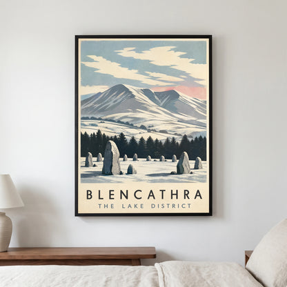 Blencathra travel poster in a black frame, hanging in a bedroom3