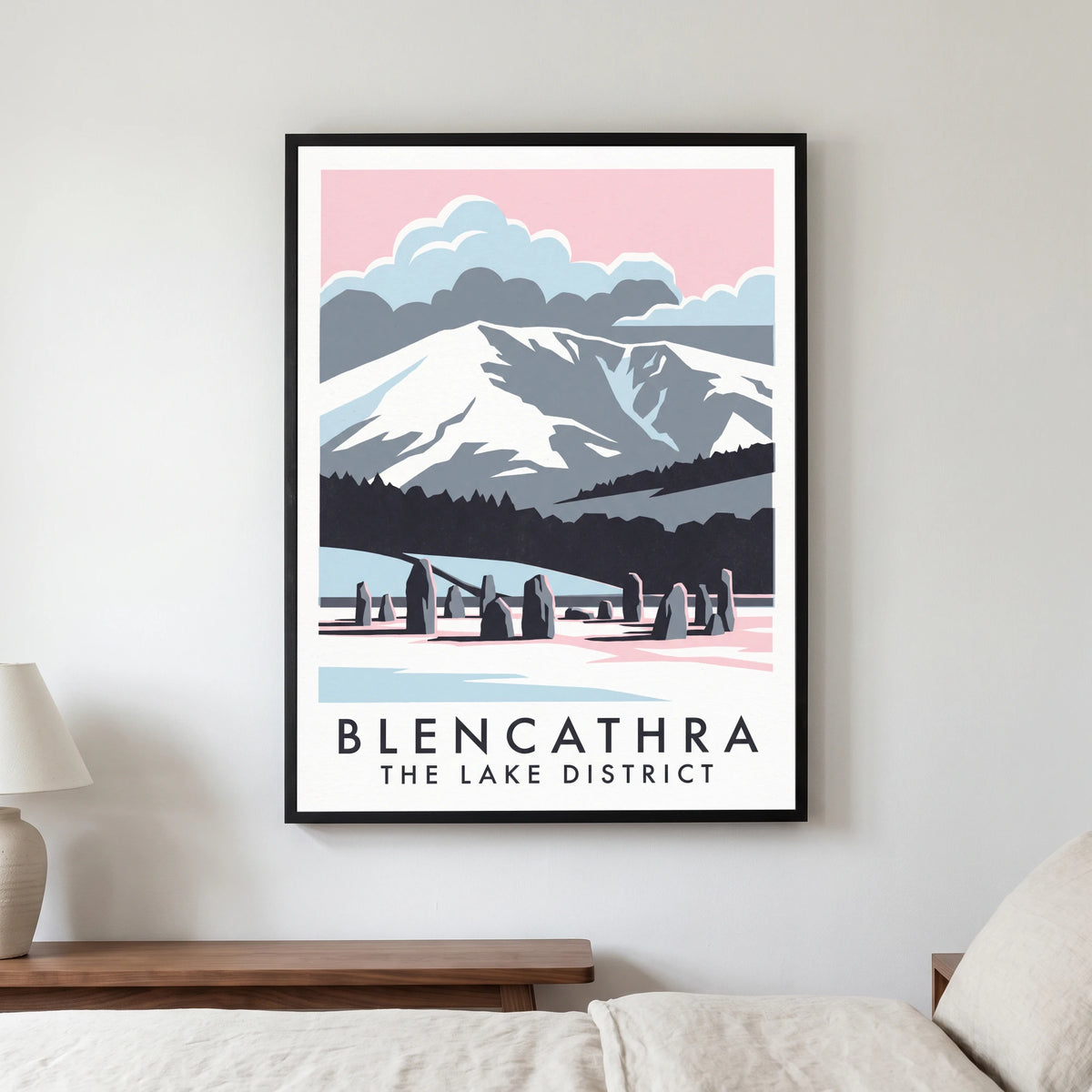 Blencathra travel poster in a black frame, hanging in a bedroom3